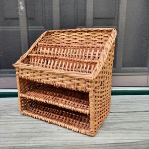 Vintage 1970s Woven Rattan Wicker Desktop Stationary/Mail Storage Tiered Basket